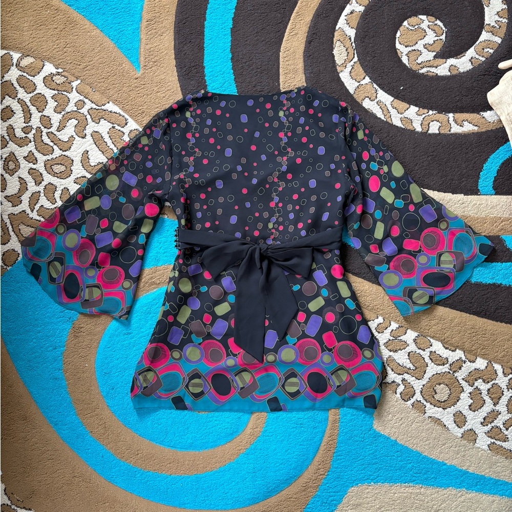 Bisou Bisou Black Babydoll Top with Colorful Dots And Chain Empire Waistline - Picture 2 of 5